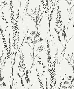 Grandeco Halm Grass & Flower Sprigs Blown Vinyl Wallpaper, White