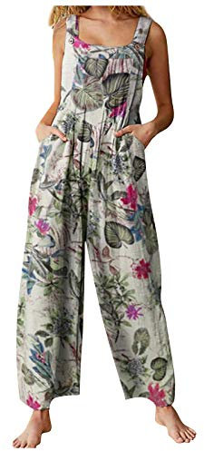 Salopette da donna casual sciolta salopette morbida a gamba larga tuta ampia tutina regolabile bretelle con tasche stampe floreali estive tuta in cotone lino tuta tuta tuta ampia tutina pagliaccetto