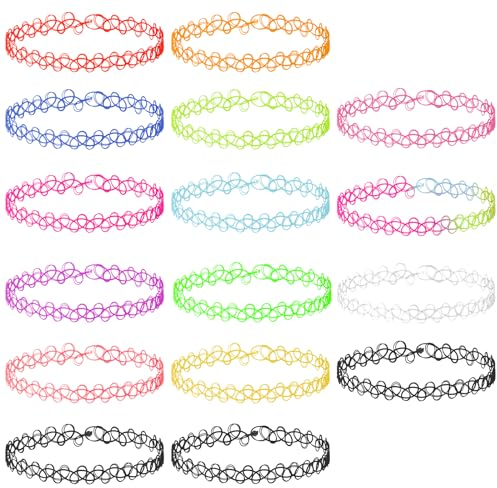 Andibro Elastische Halskette Set, 16 Stück Regenbogen Stretch Tatto Halskette Choker Kette Damen Vintage Punk Gothic Tatto Mehrfarbiger Kette Gummi Halsband 90er jahre accessoires für Mädchen