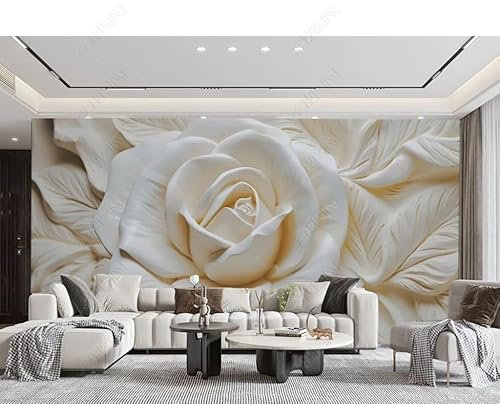 Papier Peint Intissé Relief Rose Blanche Décoration Murale Poster Tableaux Muraux Salon Chambre Art Mural 300(W) X210(H) Cm