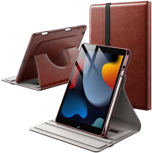 JETech Drehbare Hülle für iPad 9/8/7 (10,2 Zoll, Modell 2021/2020/2019, 9./8./7. Generation) mit Stifthalter, 360 Grad Drehbare PU Leder Folio Schutzhülle (Braun)