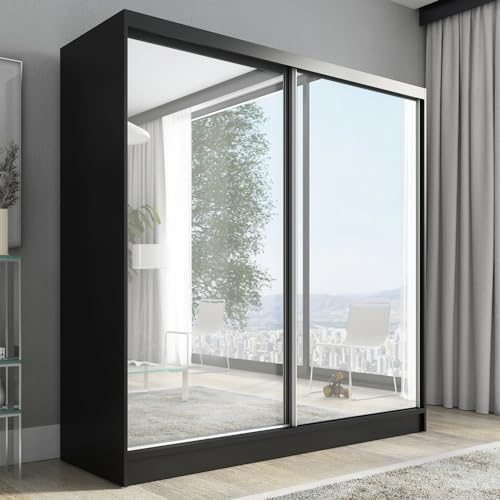 A&J MöbelLand Schwebetürenschrank, 2-türig Schrank mit Spiegel, Kleiderschrank Ivar 200 cm (Schwarz)