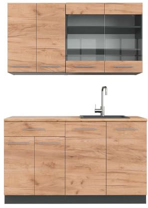Vicco Singleküche Fame-Line, Goldkraft Eiche/Anthrazit, 140 cm, AP Eiche