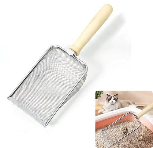 Reptile Sand Filtering Mesh, Cat Litter Mesh Shovel, Stainless Steel Cat Litter Scoop, Sifter Poop with Wooden Handle for Cats Kittens Pets, Pet Litter Cleaning Tool (1PC)