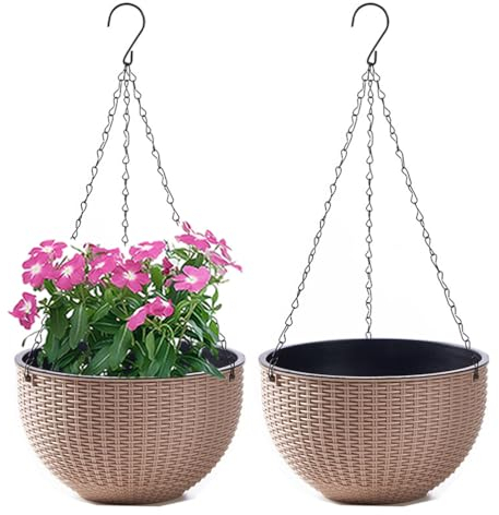 WOWEI Lot de 2 Pots de Fleurs Suspendus avec Nchaînes en Acier Inoxydable Pot Suspendu Plante avec Réservoir d'eau et Trou de Drainage Intérieur Exterieur Balcon et Jardiniere Suspendue (Kaki, S)