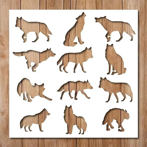 Wolf-Schablone, wiederverwendbar, Wölfe, Wildtiere, Wald, Dschungel, Tier-Silhouette, Schablonen zum Malen auf Holz, Glas, Wand, Stein, Wänden, Glaswaren, Leinwand (15,2 x 15,2 cm)