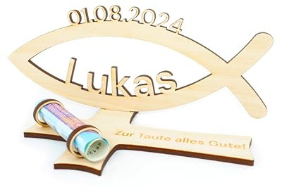 Gravuleo - Geschenk Taufe Fisch personalisiert mit Name, Geldgeschenk zur Geburt, Kommunion, Konfirmation, Holz graviert