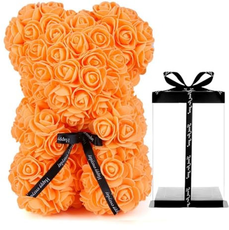 Générique Ours en Rose, Flower Bear Teddy, Romantique Ourson Avec Boîte-Cadeau Transparente pour Saint-Valentin, Anniversaire, Fête des Mères, Petite Amie (E- Orange)