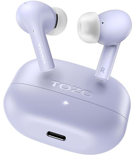 TOZO E2 Auriculares Inalámbricos Bluetooth 5.3 con ORIGX Acústico ENC Llamada Ultraligero EQs Ajuste Gaming Modo 30H Reproducción USB Tipo C Nergo (Morado)
