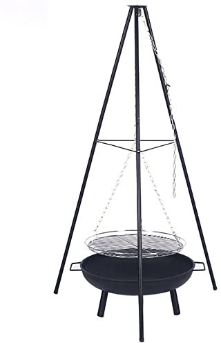 Fire Pit Tripod with Hanging Grill - Charcoal BBQ Tripod for Garden, Camping, Beach Party - Adjustable Chain for High Temperature Cooking