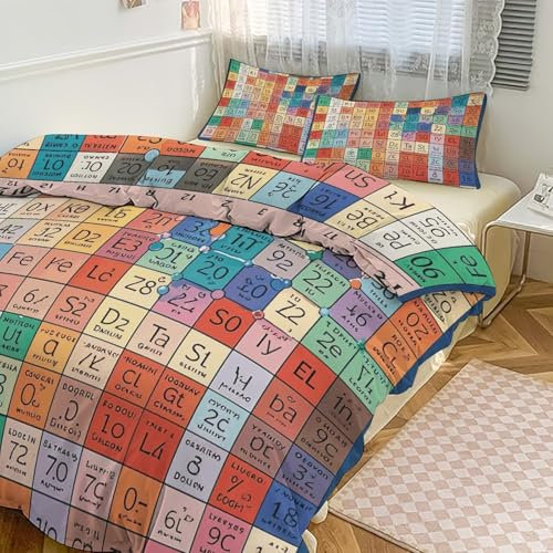 VFKLT 3-teiliges Bettwäsche-Set, Steppdecke, Queen-Size-Bett, niedliches Periodensystem der Elemente, bedruckt, 3-teilig, verdicktes Bett, dreiteiliges Set, Tagesdecke, Kissenbezug für Haushalt,