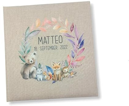 Tenii® Fotoalbum personalisiert Baby, Kind Kranz Waldtiere Leinen, Erinnerungsalbum (25x25cm - 60 Seiten) (25x25cm - 60 Seiten)