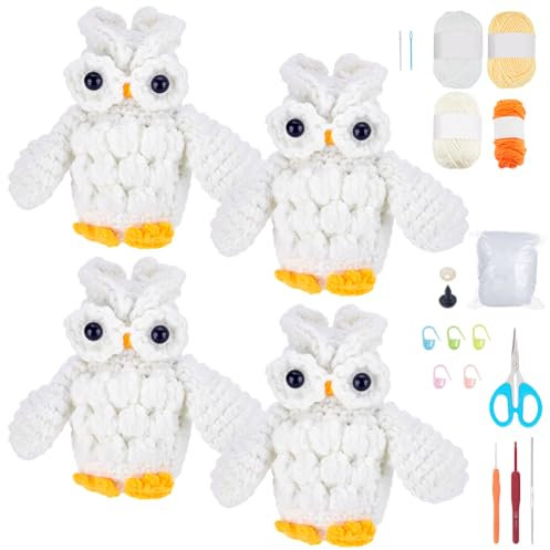 ORIGACH 4 Stück Süßes Eulen Häkelset Für Anfänger, DIY Starter Häkelset Für Erwachsene Mit Schritt Für Schritt Videoanleitung