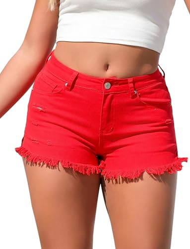 Maeau Short Jean Léger en Denim Stretch Respirant Haute Taille Ourlet Effiloché et Fente Latérale pour Bureau Voyage Streetwear - Rouge - M