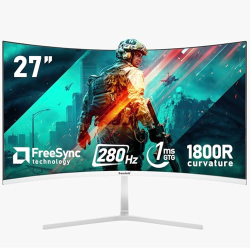 Gawfolk Écran PC 27 Pouces incurvé 280Hz Gaming Computer Moniteur, 1800R,1ms,FHD 1080p, 178 ° Grand Angle,Ultra - Mince Lunette, HDMI、DisplayPort,Compatible avec Montage Mural 100 * 100mm- Blanc