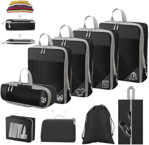 9 Teilige Packing Cubes Compression, Koffer Organizer, Packing Cubes, Packwürfel, Wasserdicht Koffer Organizer Set, Compression Packing Cubes, für Handgepäck Koffer und Rucksack (Schwarz)