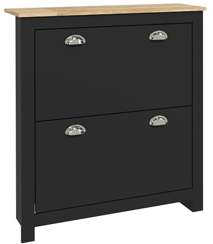 HOMCOM 2 Drawer Shoe Cabinet Modern Narrow Shoe Cupboard Hallway Wooden Storage Organiser with Flip Doors Adjustable Shelf for 6-12 Pairs, Black