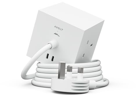 Avolt Square 1 Stylish Extension Lead Cube, 1.8m, 3 UK Sockets & 2 USB-C | Opal White – limited-edition power cube with Martinelli Luce, USB-C 30W charging for design-led interiors