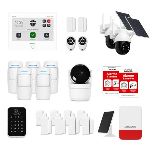 Daewoo Security Pack Alarme Maison sans Fil AM505L – Centrale Touch XL Wi-FI & GSM, 3 Caméras HD 1080p, 8 Détecteurs d'Ouverture, 5 Détecteurs de Mouvement, Sirène Solaire, App Daewoo Home Connect