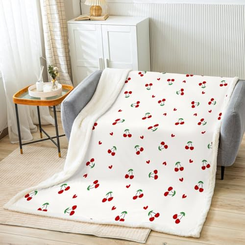 Homemissing Kinder Rot Kirsche Decke 150x200cm Kirschen Muster Kuscheldecke Jungen Mädchen Süße Frucht Wohndecke für Bett Sofa Couch Kawaii Cartoon Frucht Raum Dekoration