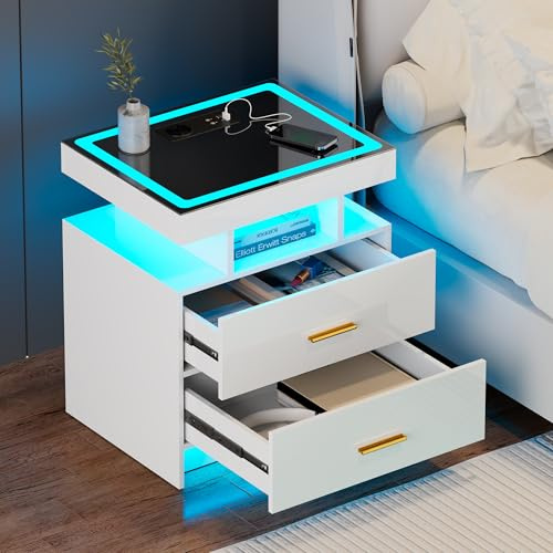 Nachttisch mit 3-Farbiger Beleuchtung,Ladestation für Schlafzimmer,Weiß | Intelligenter Nachttisch mit Intelligente Sensorik,Moderner Beistelltisch mit 2 Schubladen für Wohnzimmer