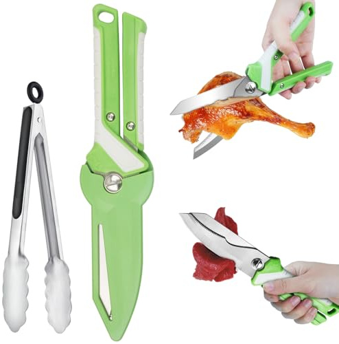Ecopandy Kitchen Scissors & Knife 2-in-1, with Magnetic Protective Sheath | Sharp Poultry Heavy Duty Meat Poultry Food Shears+BBQ Tongs, Dishwasher Safe German Mo-V Steel Kitchen Shears for Food BBQ