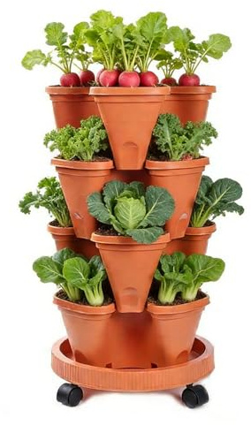 Erconsso Maceta de terracota para fresas, maceta vertical de 4 niveles con ruedas y bandeja inferior apilable para plantar fresas, verduras y frutas