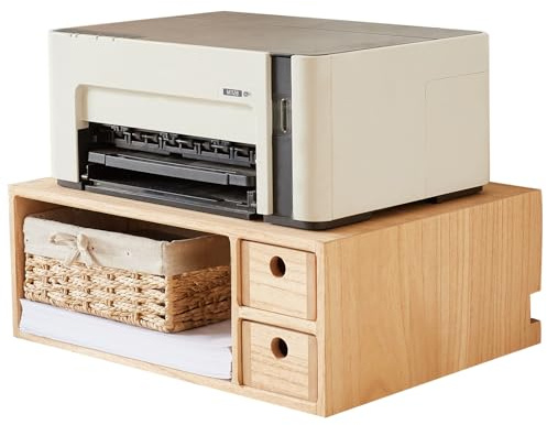KIRIGEN Solid Wood Printer Stand with 2 Drawers & Open Compartment, Desk Tidy Organizer for A4 Paper, Office Supplies & Power Strip Storage, Wooden Printer Table for Home Office(DYJG-NA)