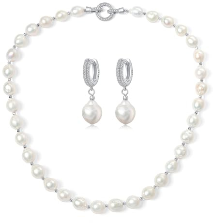 YAMI Barock Perlenkette und Barock Ohrringe Set – 10-11mm Edison Barockperlen Schmuck aus natürlichen Süßwasserperlen für Damen, mit einzigartiger Oberflächentextur – Ideal als Geschenk