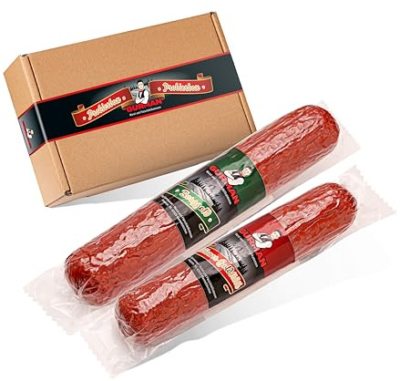 Salami Geschenkbox Probierbox 700 g – Wurst Geschenkset mit 2 Kochsalami Sorten (Berggold 400 g und Wiener Goldstück 300 g) – Feinkost Probierpaket – GURMAN