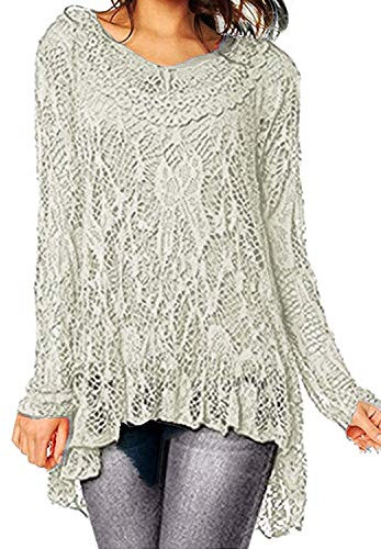 Summer Holiday Dip Hem Crochet Mesh Tunic Plus Size Vest Twin Top Lagenlook Lace Tunic Long Sleeve Dress R33 Celebmodelook ® Light Grey