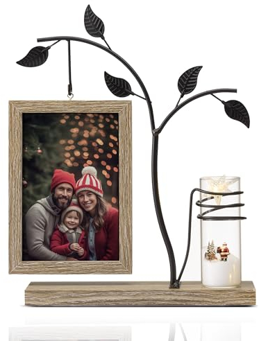 Afuly Holz Bilderrahmen 10x15 cm Doppelseitig Fotorahmen mit Metall Baum und Vase Natur Braun für 2 Fotos