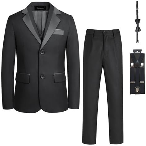 LOLANTA Boys Page Boy Suit Tuxedo - Formal Slim Fit Suit for Weddings, Christenings & Parties, 5 Piece Set Includes Blazer Waistcoat Trousers Bow Tie Braces for Age 2-14 Years