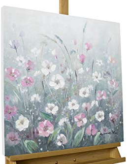 KunstLoft Leinwandbild | 100% HANDGEMALT | 60x60cm | Gemälde 'Flowery Meadow' | Blüten | Grau Weiß | Wandbild Wohnzimmer