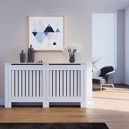 ELEGANT Radiator Covers Large Modern Vertical Slat White Painted Cabinet Radiator Shelve for Living Room/Bedroom/Kitchen, LARGE