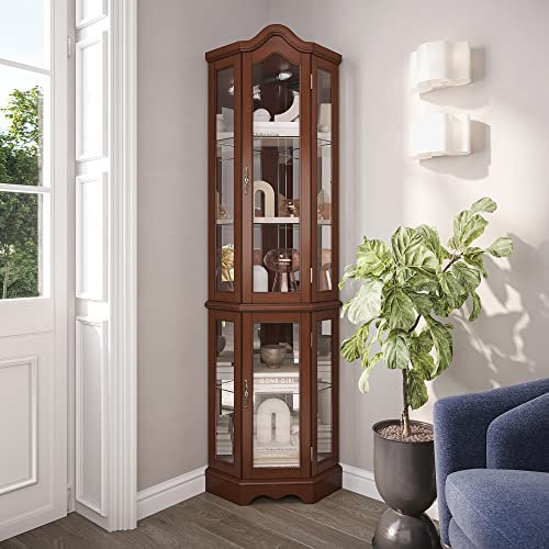 Belleze Kurio-Schrank mit Beleuchtung aus gehärtetem Glas mit Einlegeböden, 2 Farben (Kirsche und Walnuss) Loraine Curio Kabinett walnuss