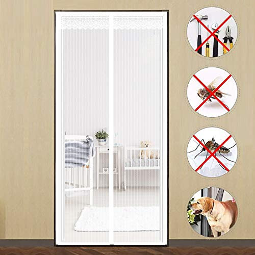 GUOGAI Tenda zanzariera Magnetica 150x250cm(59x98inch) Zanzariere a Rullo Chiusura Automatica Si Chiude da Sola per Casa Ufficio, Bianco