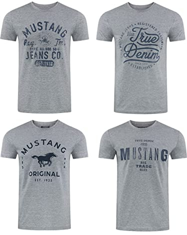 MUSTANG Herren T-Shirt 4er Pack Frontprint O-Neck Rundhalsausschnitt Kurzarm Regular Tee Shirt 100% Baumwolle Schwarz Weiß Grau Blau Grün, Größe:L, Farbe:Farbmix (P18)