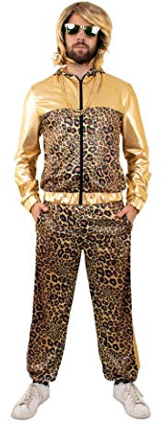Unisex Trainingsanzug Leoparden Print Metallic Gold 80er Jahre Kostüm Rapper Trash Assi Bad Taste Retro, Größe:3XL
