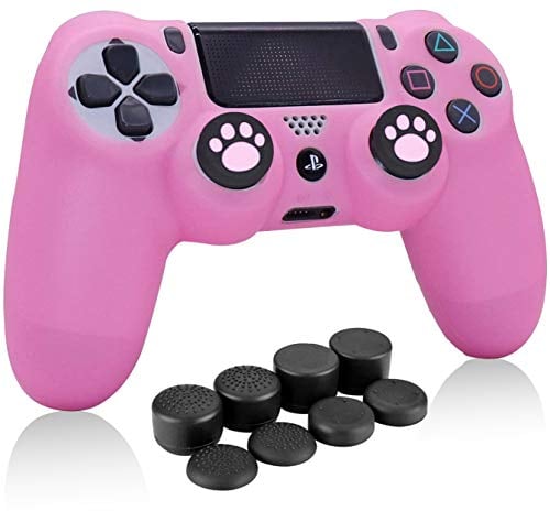 HLRAO PS4 Controller Skin Pink, Antideslizante Grip Funda Protectora de Silicona Compatible con PS4 / Slim/Pro Wireless/Wired Gamepad Controller con 8 x FPS Pro Thumb Grip Caps + 2 Cat Paw Caps.