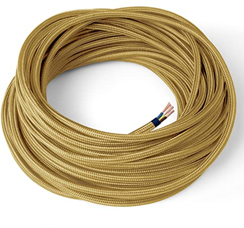 Amarcords - Cavo elettrico tessile colore ORO tondo seta 3 metri con messa a terra 3x075mm - Filo rivestito in tessuto colorato vintage per lampade lampadari applique e abat jour.