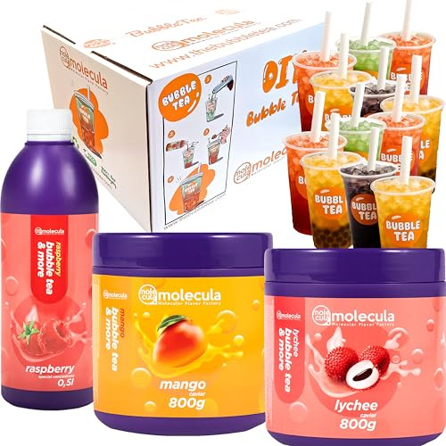 molecula molecula Molekularna Fabryka Samku Set de Bubble Tea - boules de litchi et de mangue, sirop de framboise, tasses et pailles
