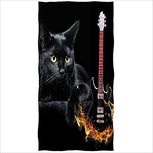 YISUMEI Badetuch, Gitarre Schwarze Katze, Bedruckte Mikrofaser Strandtuch 70 x 140 cm