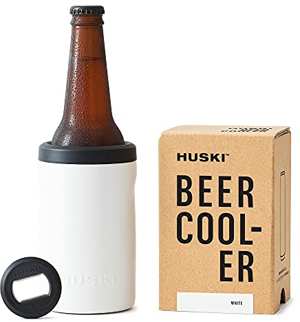 Huski Beer Cooler 2.0 | New | Premium Can and Bottle Holder | Triple Insulated Marine Grade Stainless Steel | Detachable 3-in-1 Opener | Works as a Tumbler | Best Gifts for Beer Lovers (White)