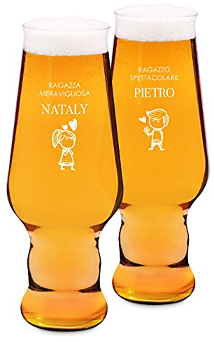 Maverton set x2 Bicchieri per la Birra - particolari - in vetro con personalizzazione - capienza 400 ml - H20 cm x Ø7,8 cm - Perfetti per ogni coppia amante della buona Birra - bimba e bimbo