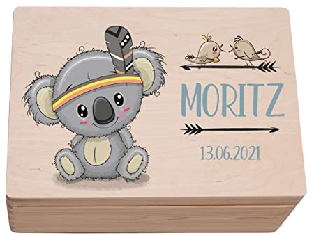 Hochzeitideal - Personalisierte Erinnerungskiste | Holzkiste Koala Motiv | Aufbewahrungskiste | Geschenkt Geburt | Erinnerungsbox Baby Taufe | Holzkiste für Kinder (M (30x20x14 cm))