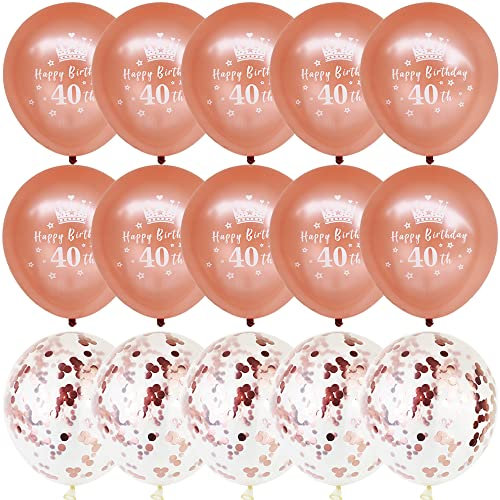 DOJoykey 40th Happy Birthday Balloon Packs, 12 inch 10pcs Rose Gold Latex Balloons and 5pcs Confetti Balloons for 40th Birthday Party Decoration