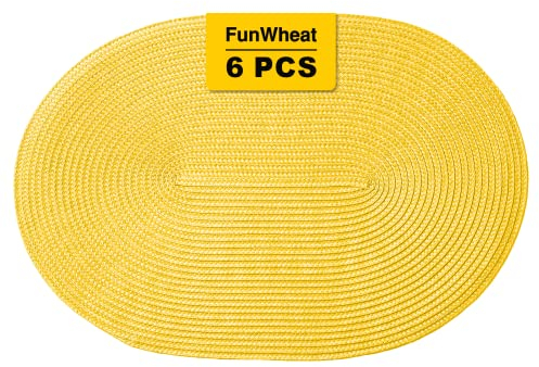 FunWheat Ovale geflochtene Tischsets Set mit 6 Tischsets für Esstische, gewebt, waschbar, rutschfest, 30,5 x 45,7 cm (oval, gelb, 6 Stück)
