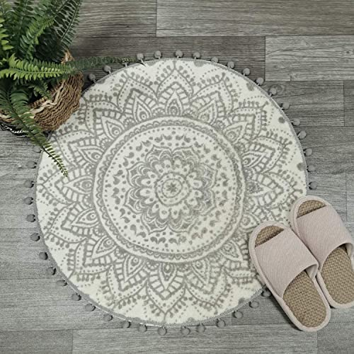 Boho Kleine Badezimmerteppiche Mandala Weiche Fußmatte mit Pom Pom Fransen Überwurfteppiche rutschfest Flauschiger Teppich für Eingangsbereich Badewanne Waschbecken Schlafzimmer (Grau, 90 cm Rund)