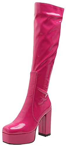 Lroey Reoly Stivali Alti da Donna con Tacco Largo, Stivali da Festa Tacco Alto Square Toe Boots Zip Plateau 064 Rose-Rosso Numero 37 EU